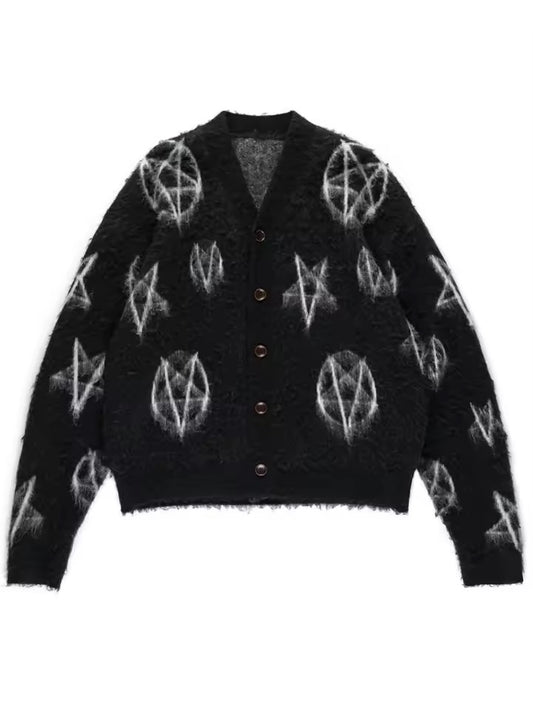 Black Distressed Pentagram Fluffy Cardigan