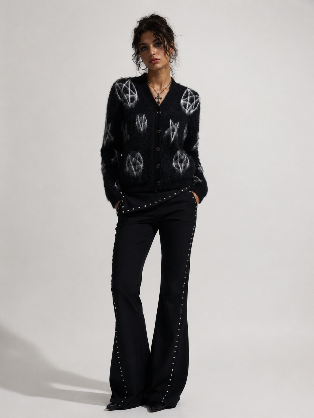 Black Distressed Pentagram Fluffy Cardigan
