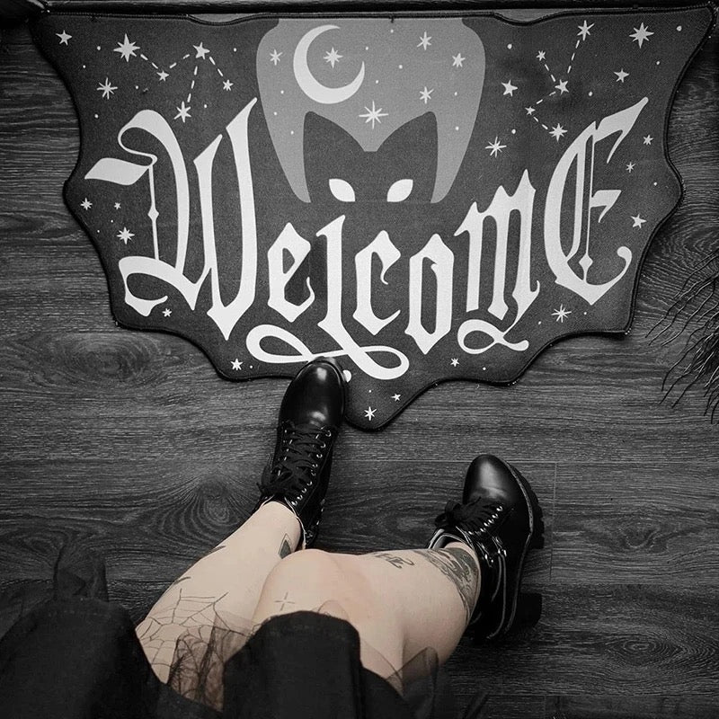 Black Gothic Cat Welcome Decorative Rug