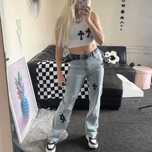 Blue Mid Waist Gothic Cross Patch Flare Jeans