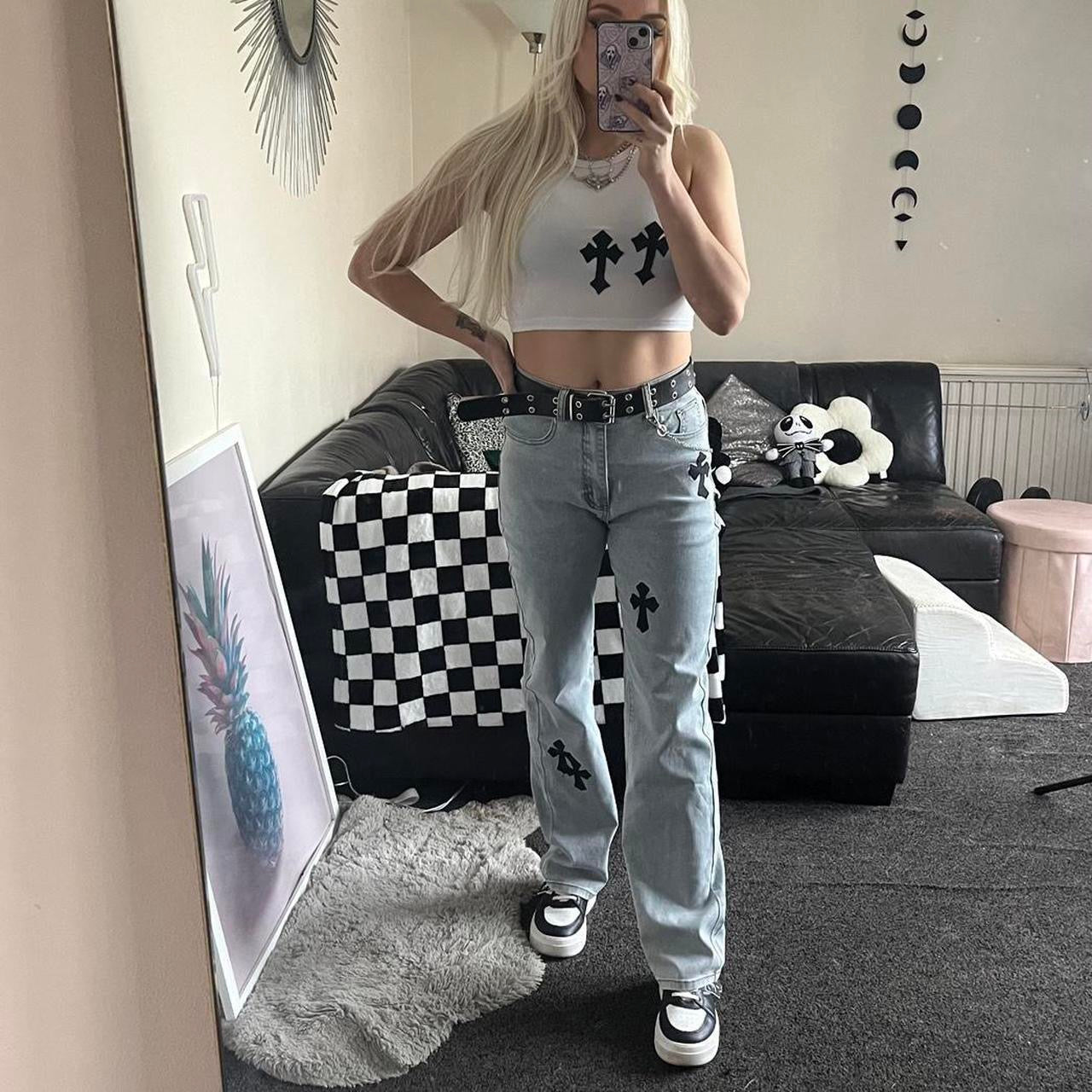 Blue Mid Waist Gothic Cross Patch Flare Jeans