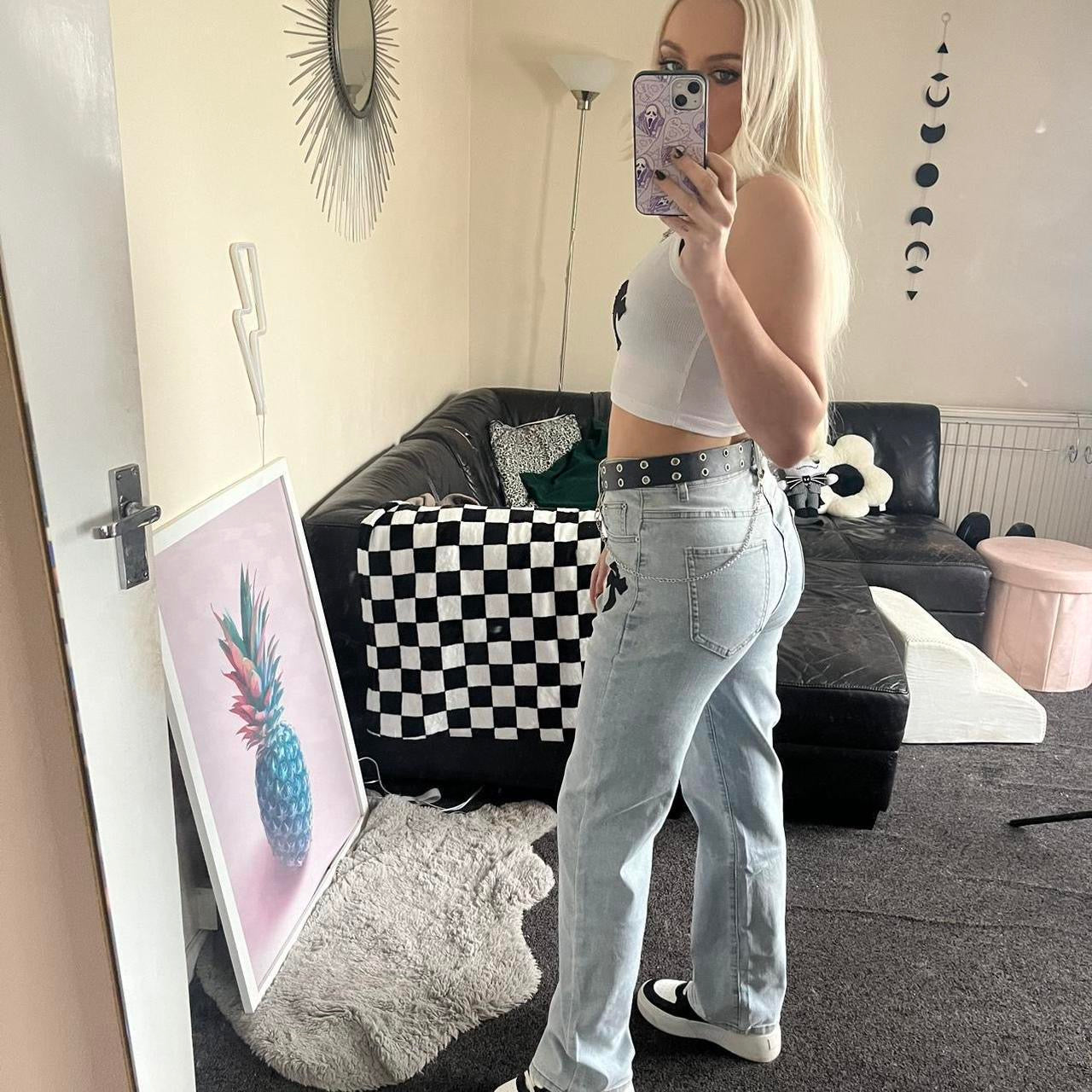 Blue Mid Waist Gothic Cross Patch Flare Jeans