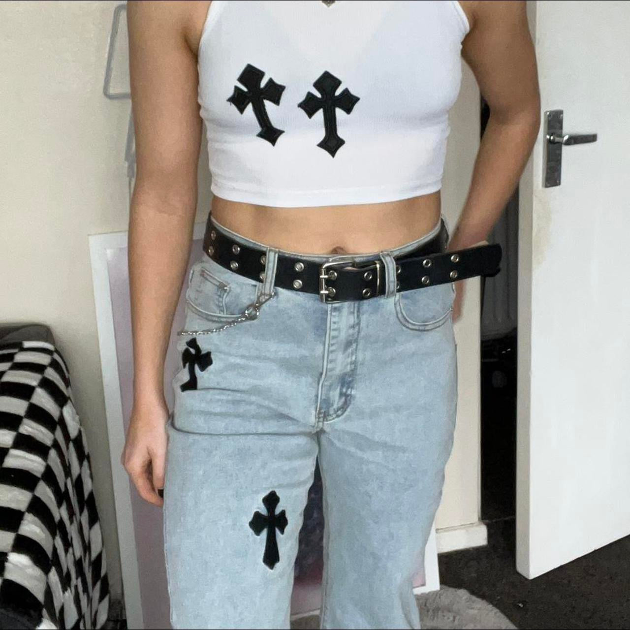 Blue Mid Waist Gothic Cross Patch Flare Jeans