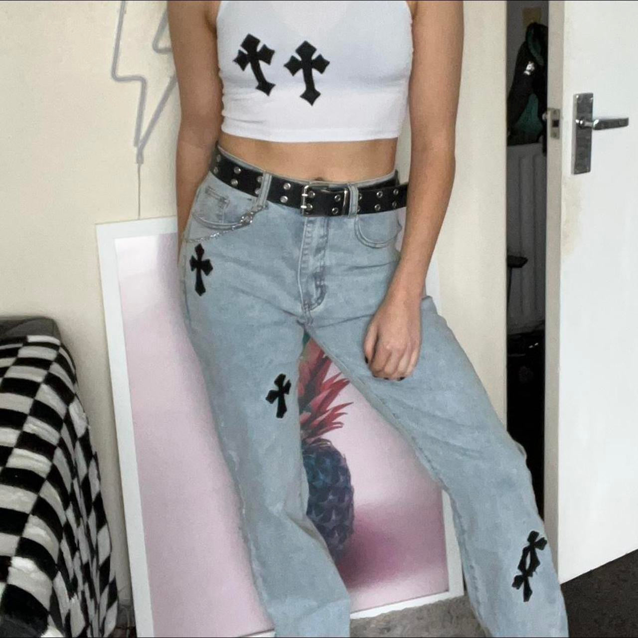Blue Mid Waist Gothic Cross Patch Flare Jeans