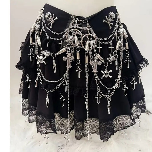 Black Gothic Lace Chain Floaty Skirt