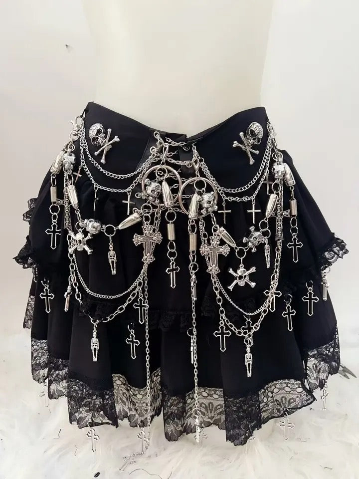 Black Gothic Lace Chain Floaty Skirt