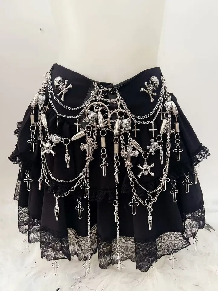 Black Gothic Lace Chain Floaty Skirt