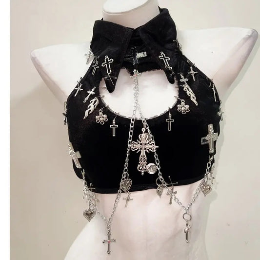 Black Velvet Gothic Chain Collar Crop Top