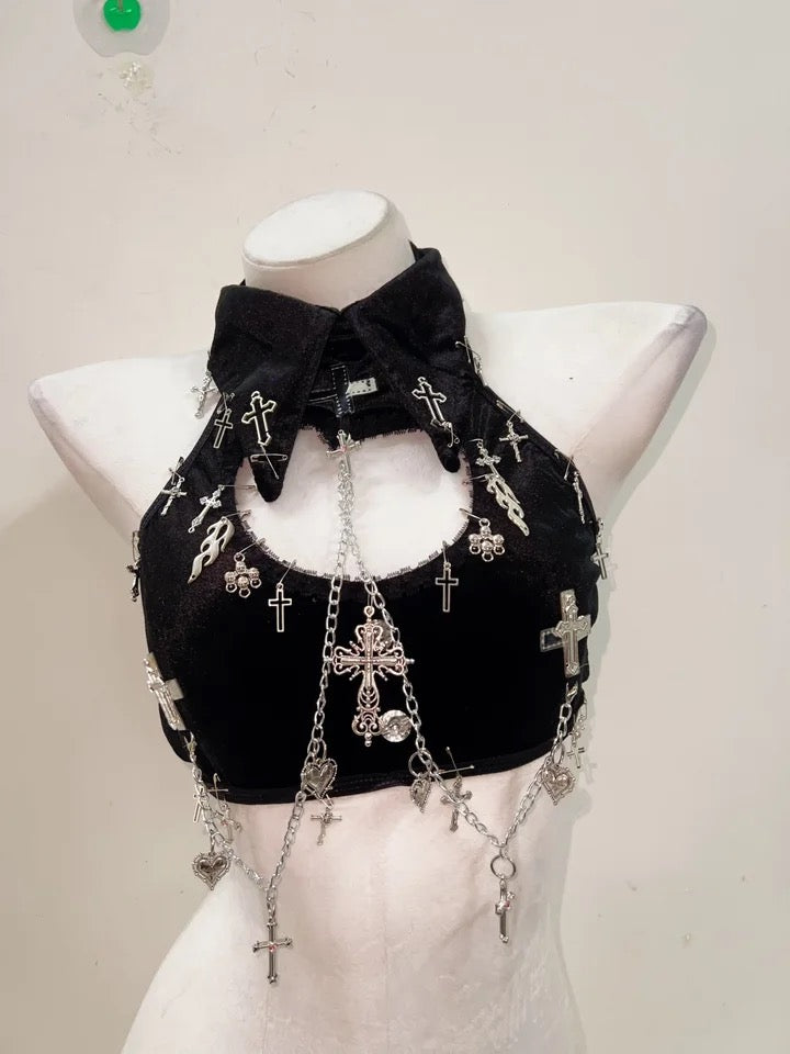 Black Velvet Gothic Chain Collar Crop Top