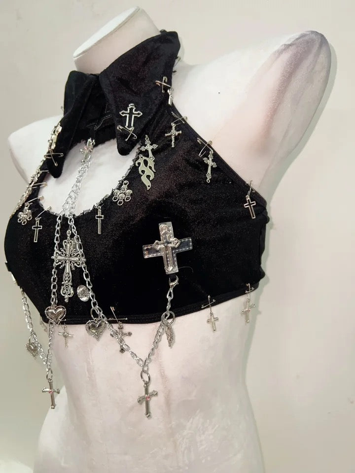 Black Velvet Gothic Chain Collar Crop Top