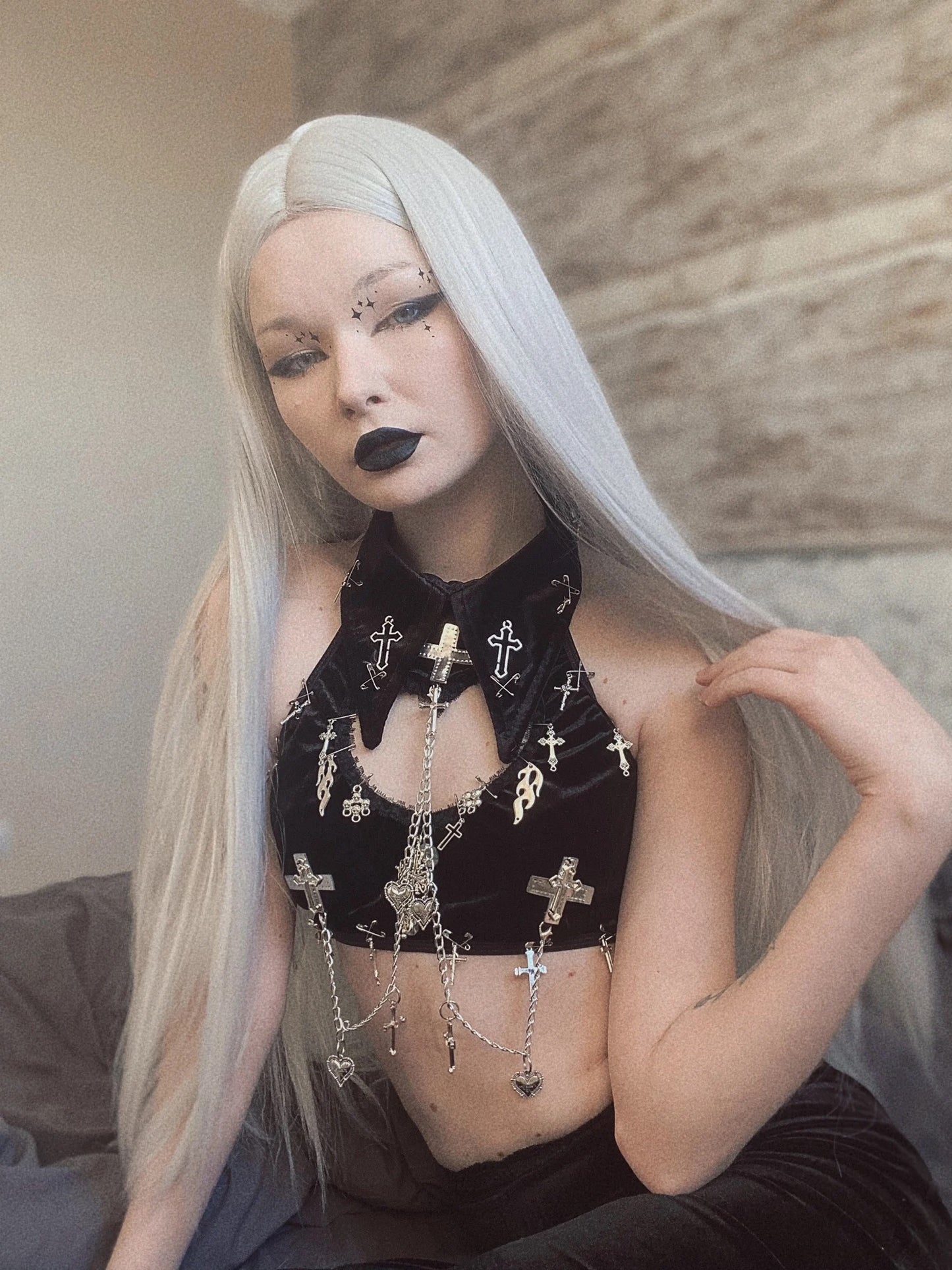 Black Velvet Gothic Chain Collar Crop Top