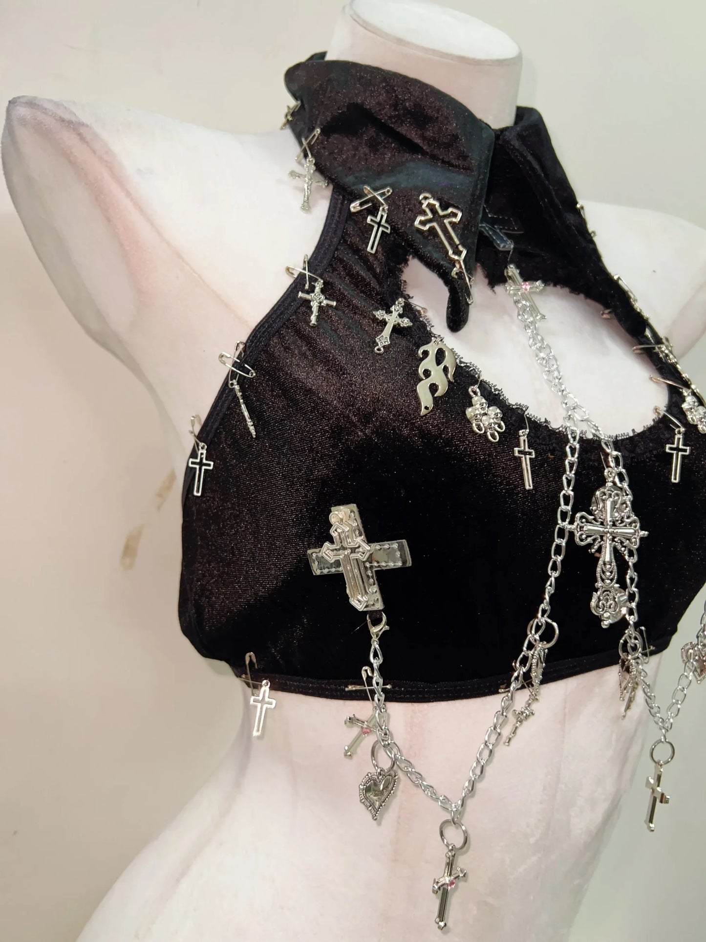 Black Velvet Gothic Chain Collar Crop Top