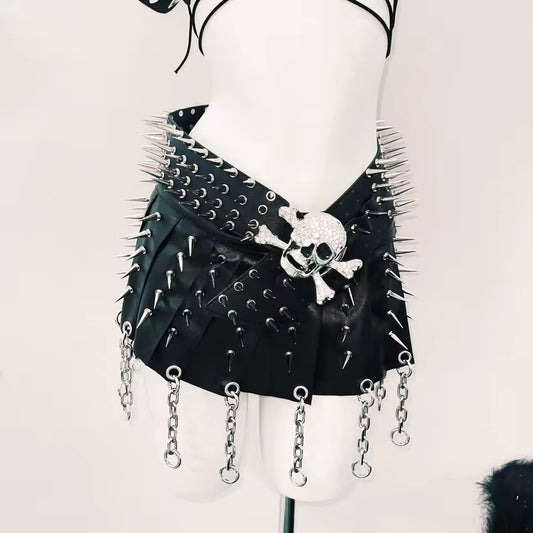 Black Faux Leather Punk Spike Chain Dungeon Mini Skirt