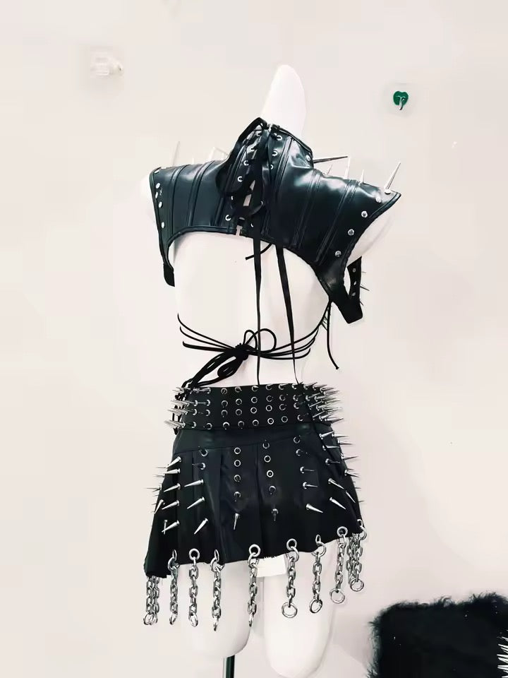 Black Faux Leather Punk Spike Chain Dungeon Mini Skirt