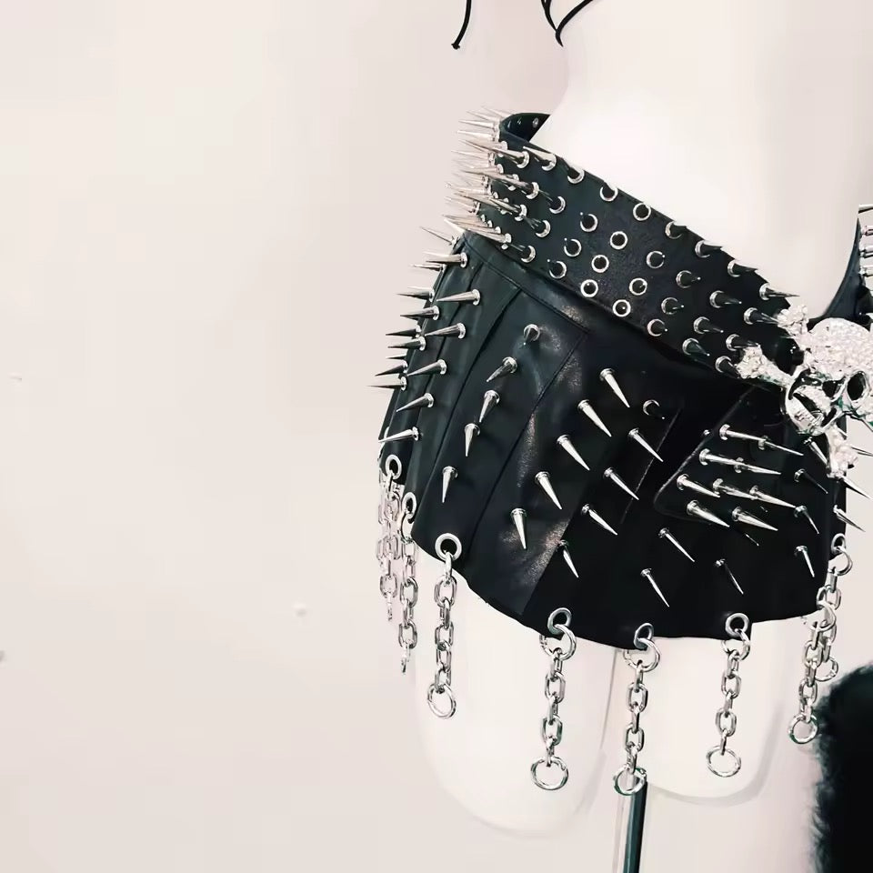 Black Chunky Spike Skull Punk Belt