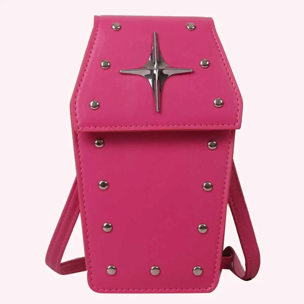 Pink Faux Leather Coffin Shaped Gothic Cross Body Bag