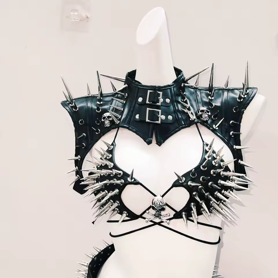 Black Faux Leather Choker Spike Bolero Shoulder Harness