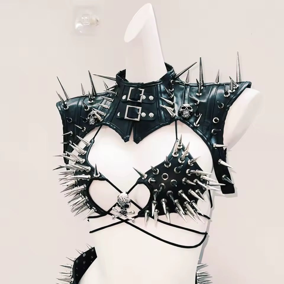 Black Faux Leather Silver Spike Skull Star Bra Top