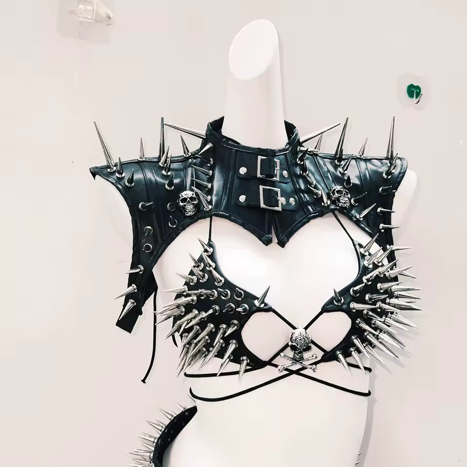 Black Faux Leather Choker Spike Bolero Shoulder Harness