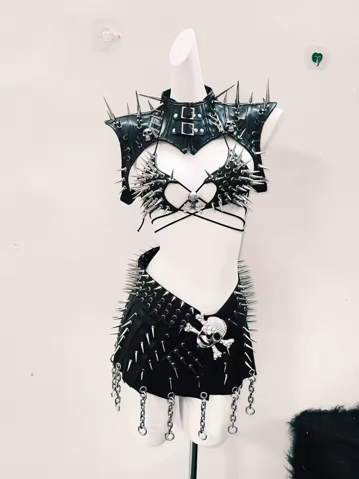 Black Chunky Spike Skull Punk Belt