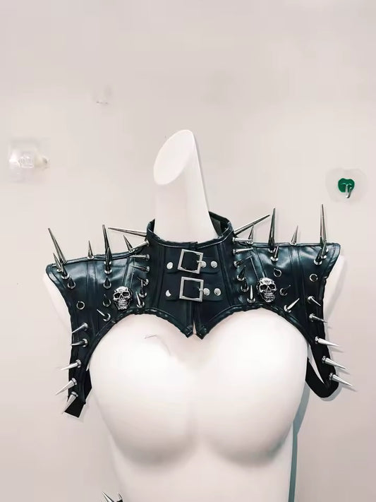 Black Faux Leather Choker Spike Bolero Shoulder Harness