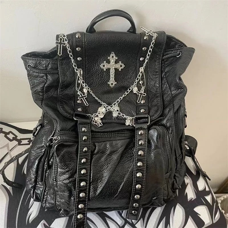 Black Faux Leather Gothic Charm Chain Backpack