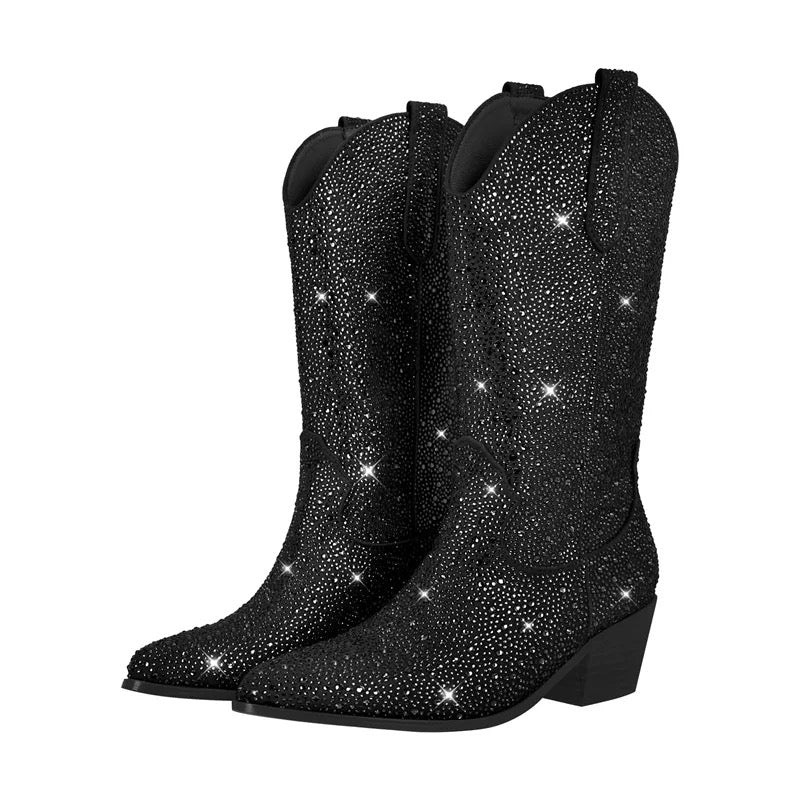 Black Rhinestone Sparkly Mid Calf Cowboy Boots