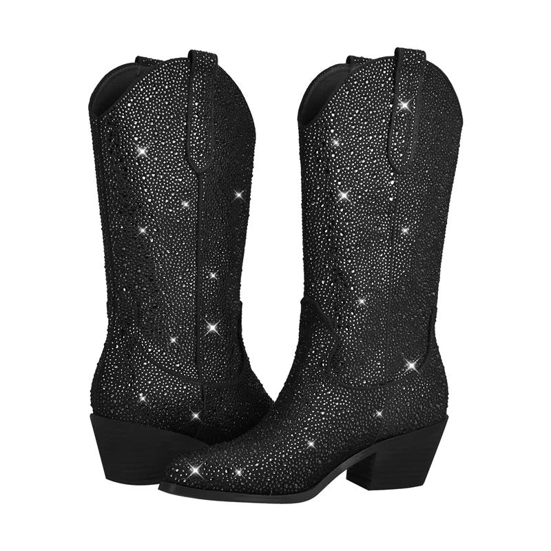 Black Rhinestone Sparkly Mid Calf Cowboy Boots