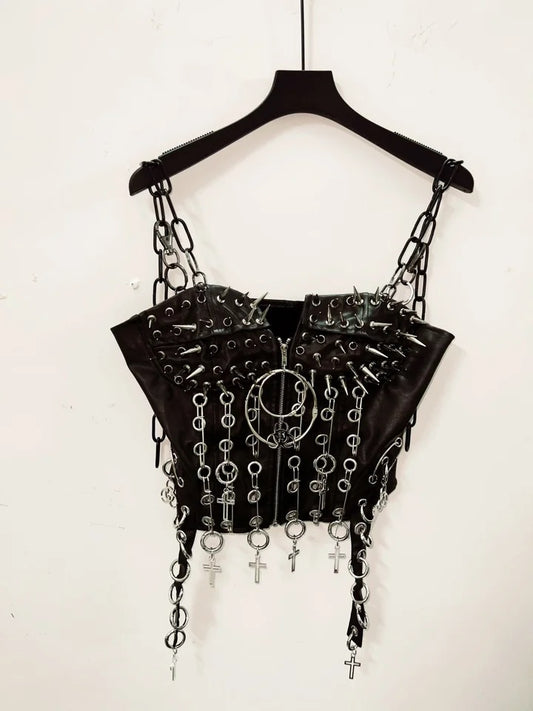 Black Faux Leather Chain Spike Punk Corset Top