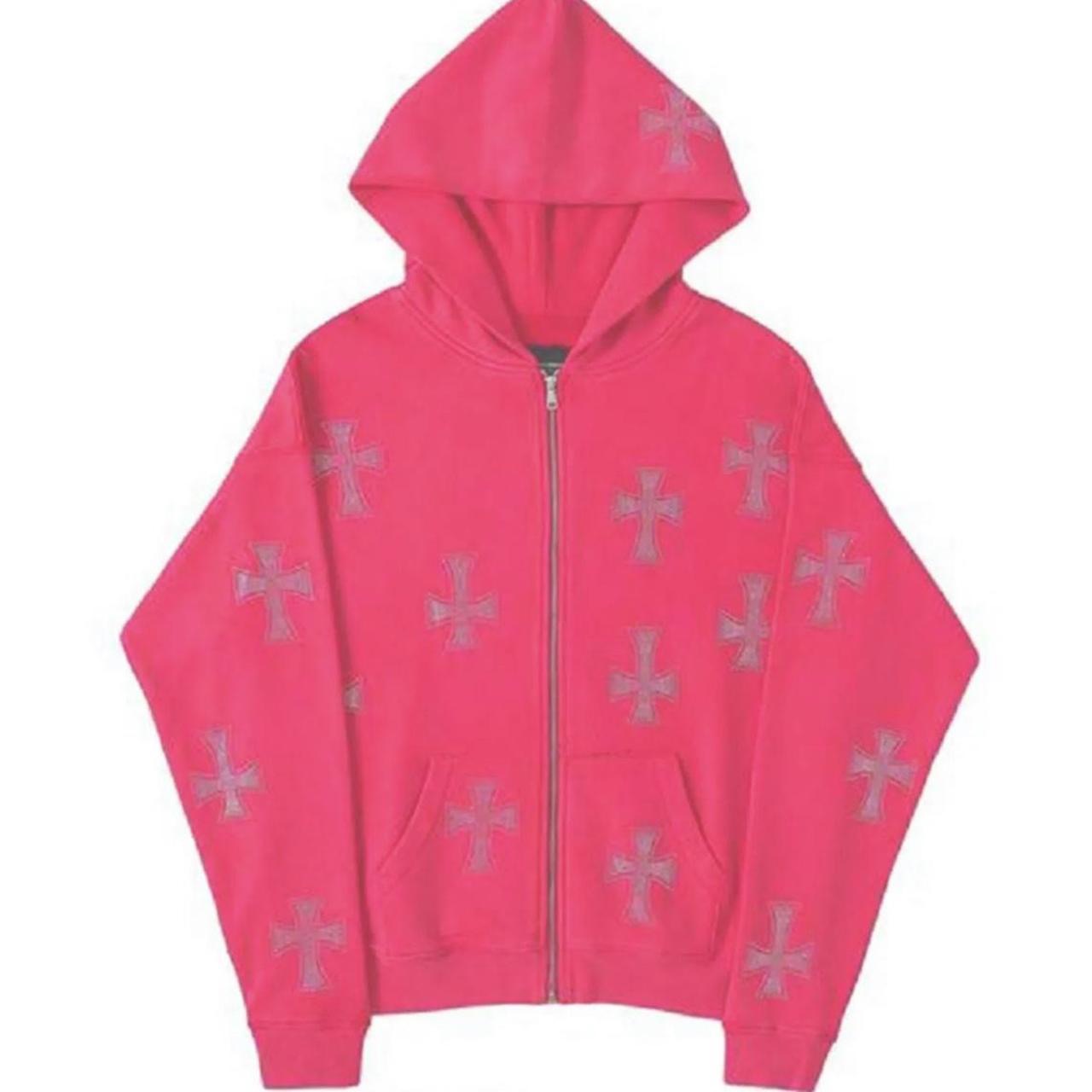 Pink Cross Rhinestone Grunge Zip Hoodie