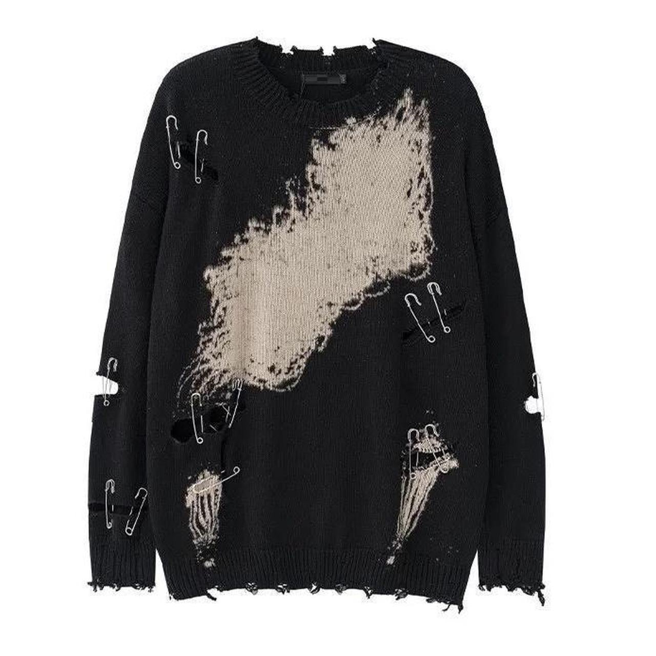 Black Distressed Grunge Safety Pin Oversized Jumper