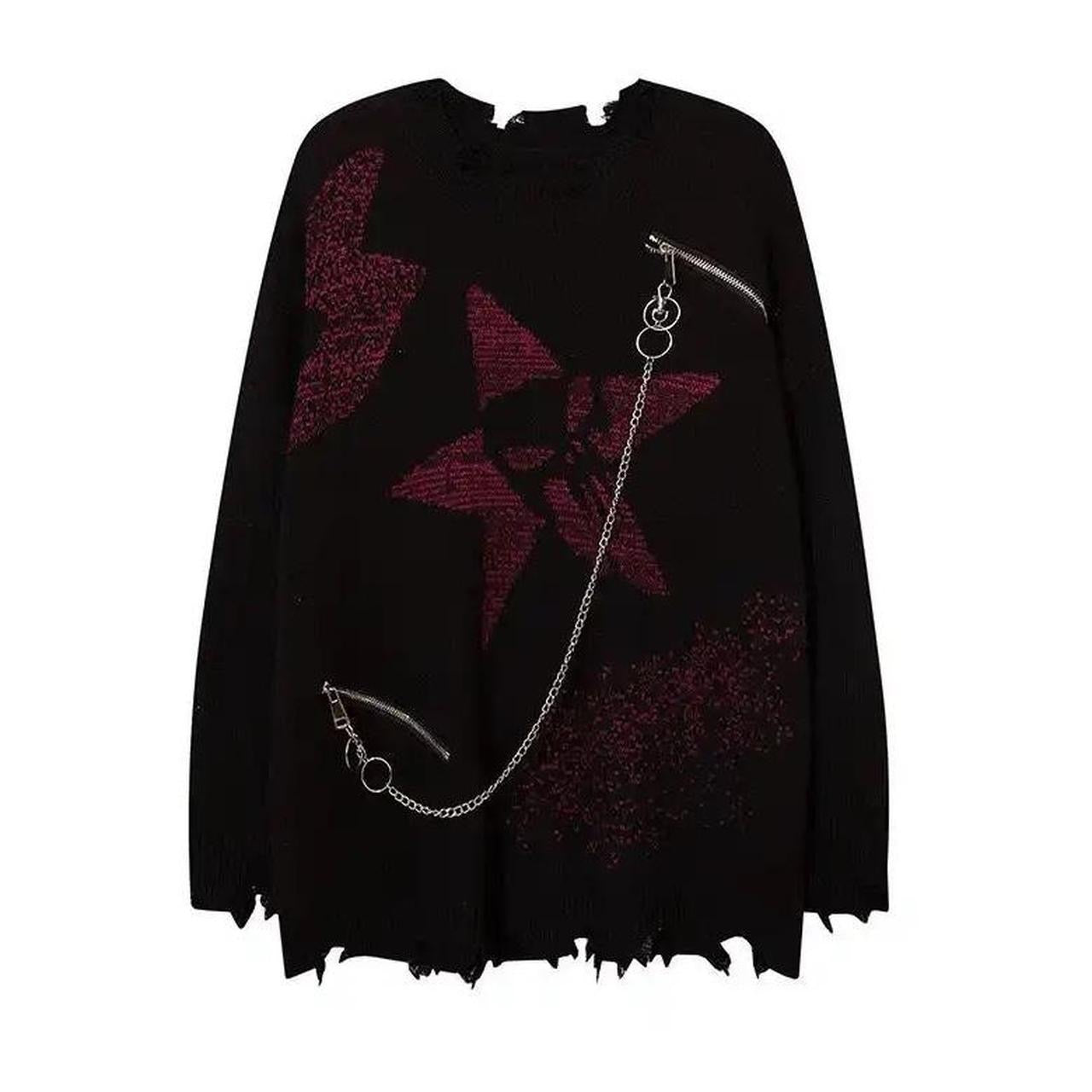 Black Distressed Grunge Star Skull Oversized Chain Jumper