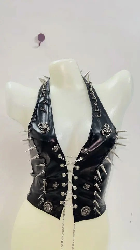 Black Faux Leather Chain Lace Up Punk Spike Crop Top