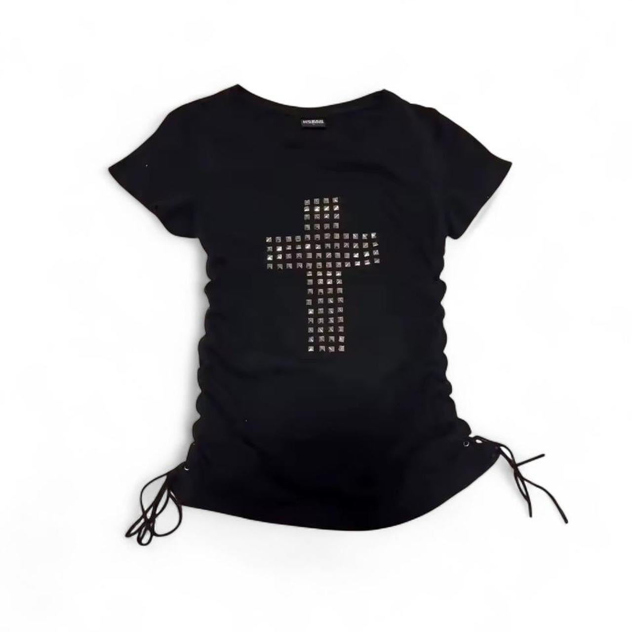 Black Ruched Y2k Cross Rhinestone Gothic Top