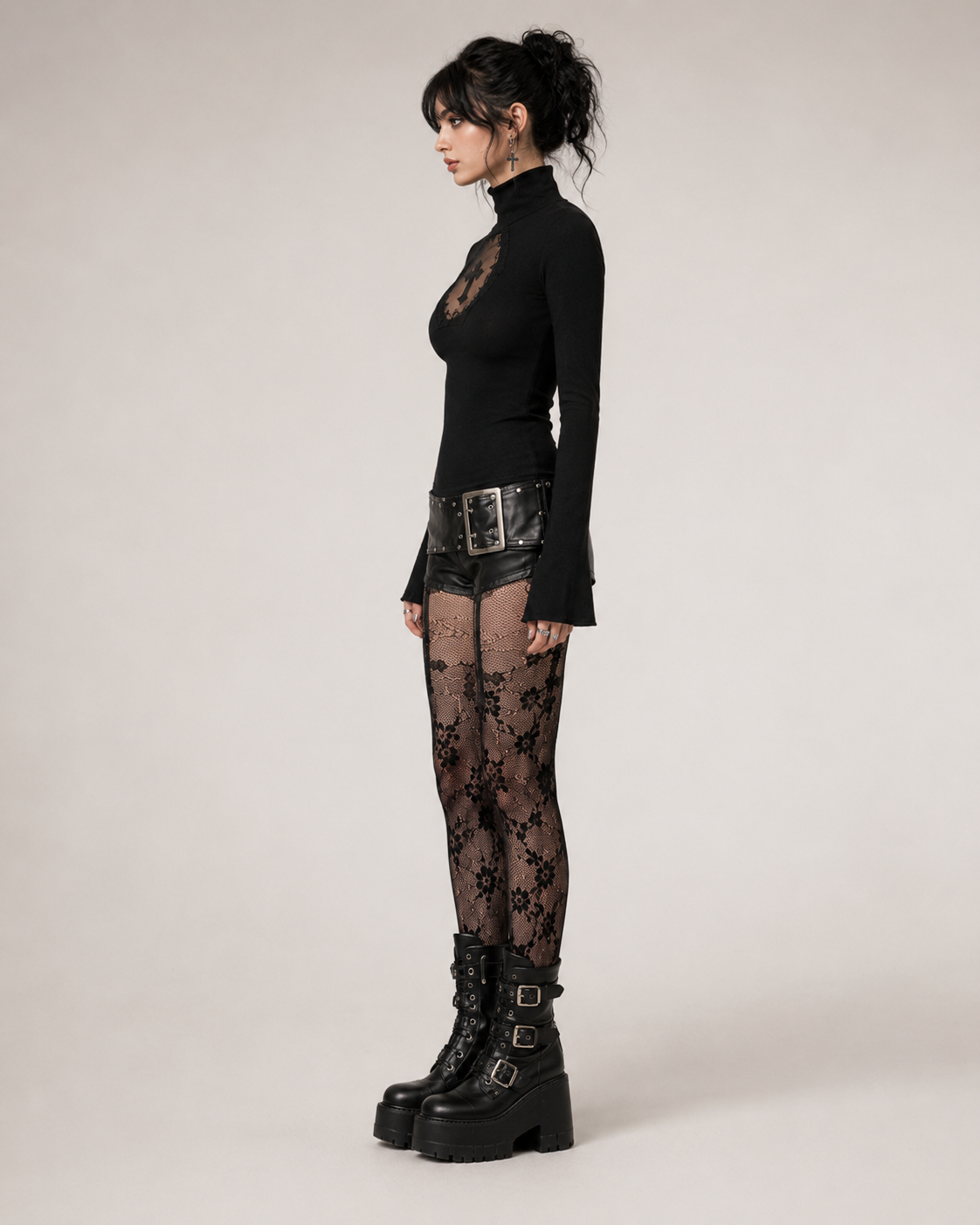 Black High Neck Priestess Gothic Cross Sheer Top
