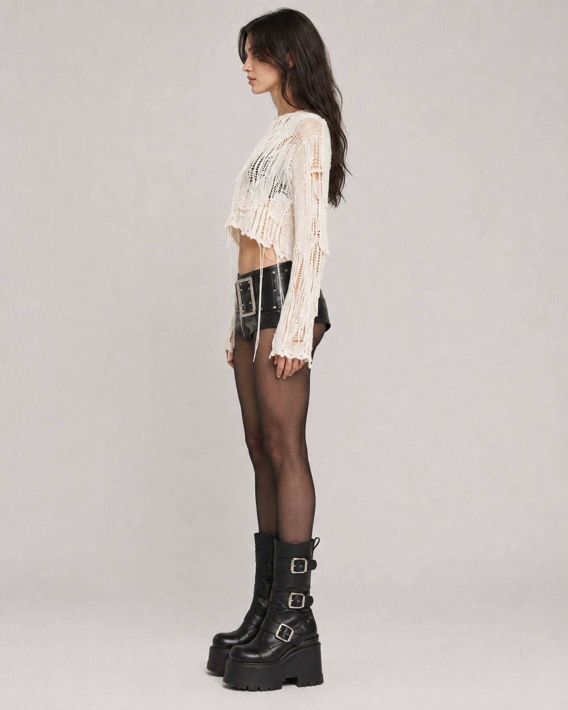 Cream Grunge Distressed Knitted Cropped Layer Jumper