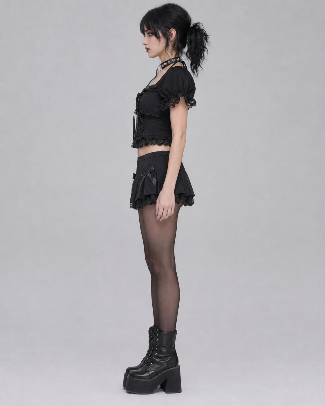 Black French Victorian Lace Up Bow Blouse