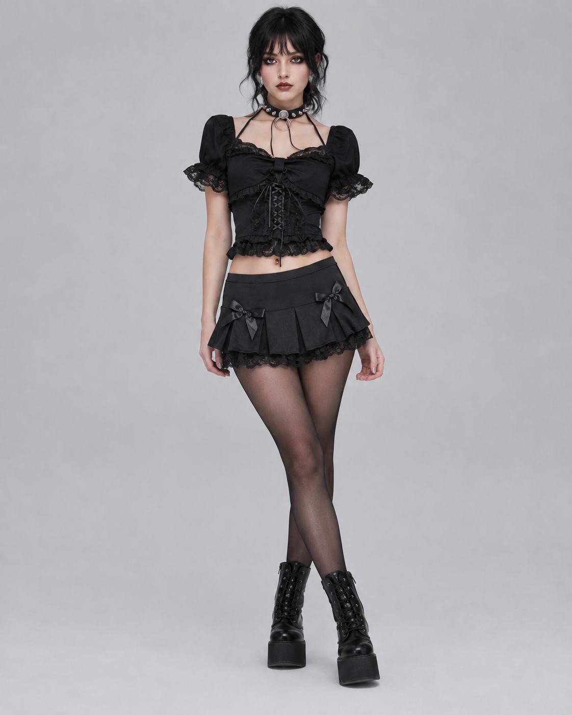 Black French Victorian Lace Up Bow Blouse