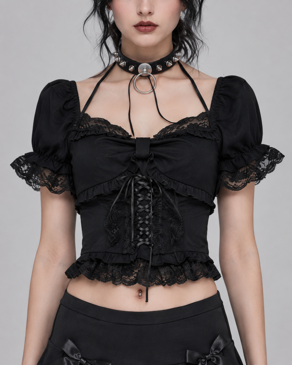 Black French Victorian Lace Up Bow Blouse