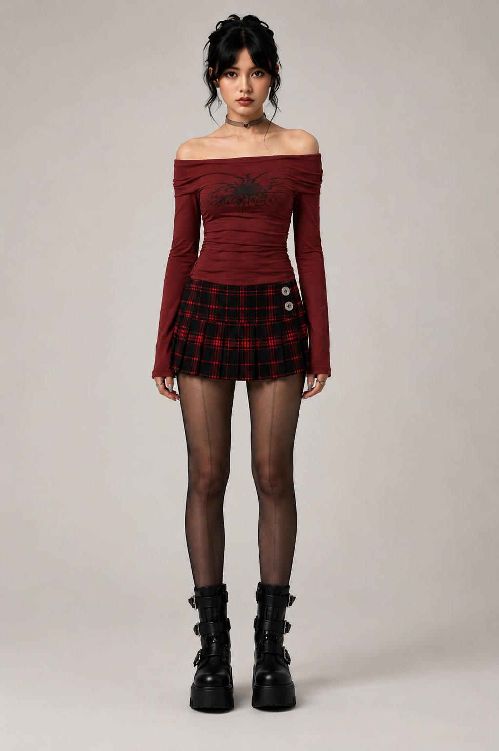 Burgundy Ruched Gothic Graphic Top