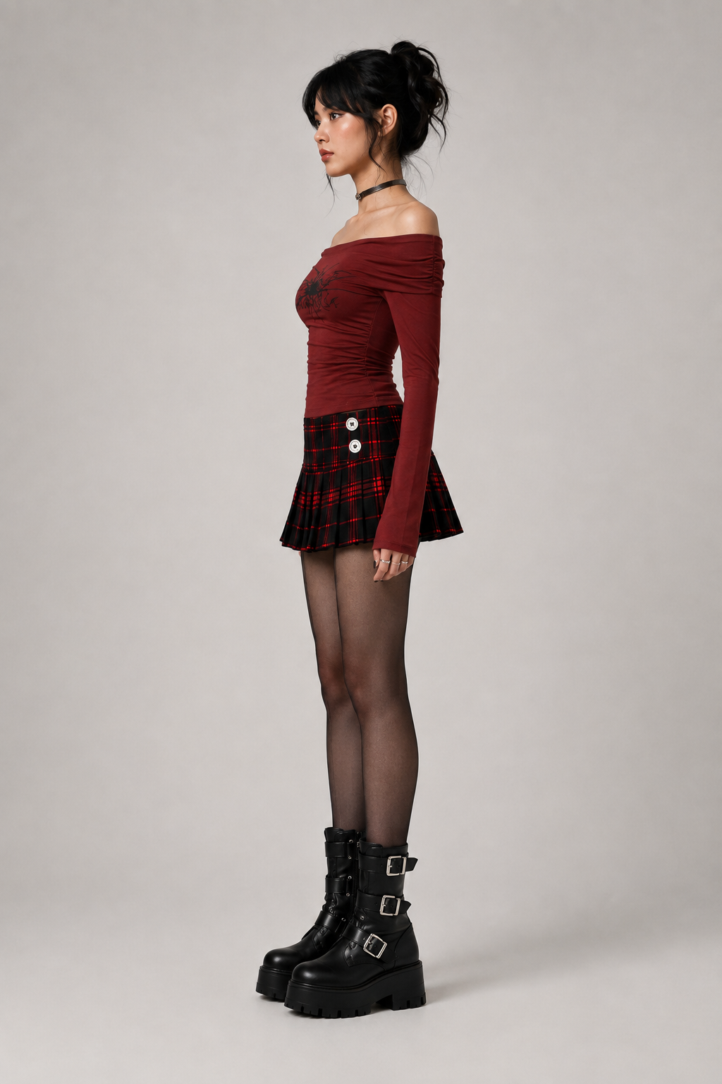 Burgundy Ruched Gothic Graphic Top