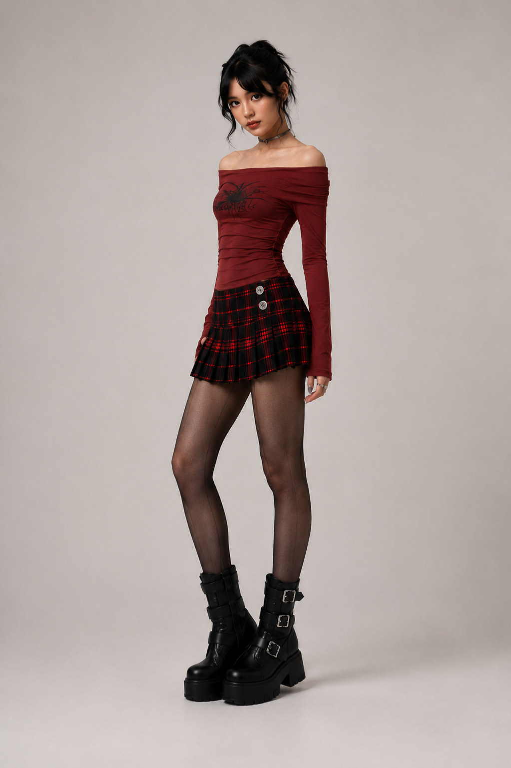 Burgundy Ruched Gothic Graphic Top