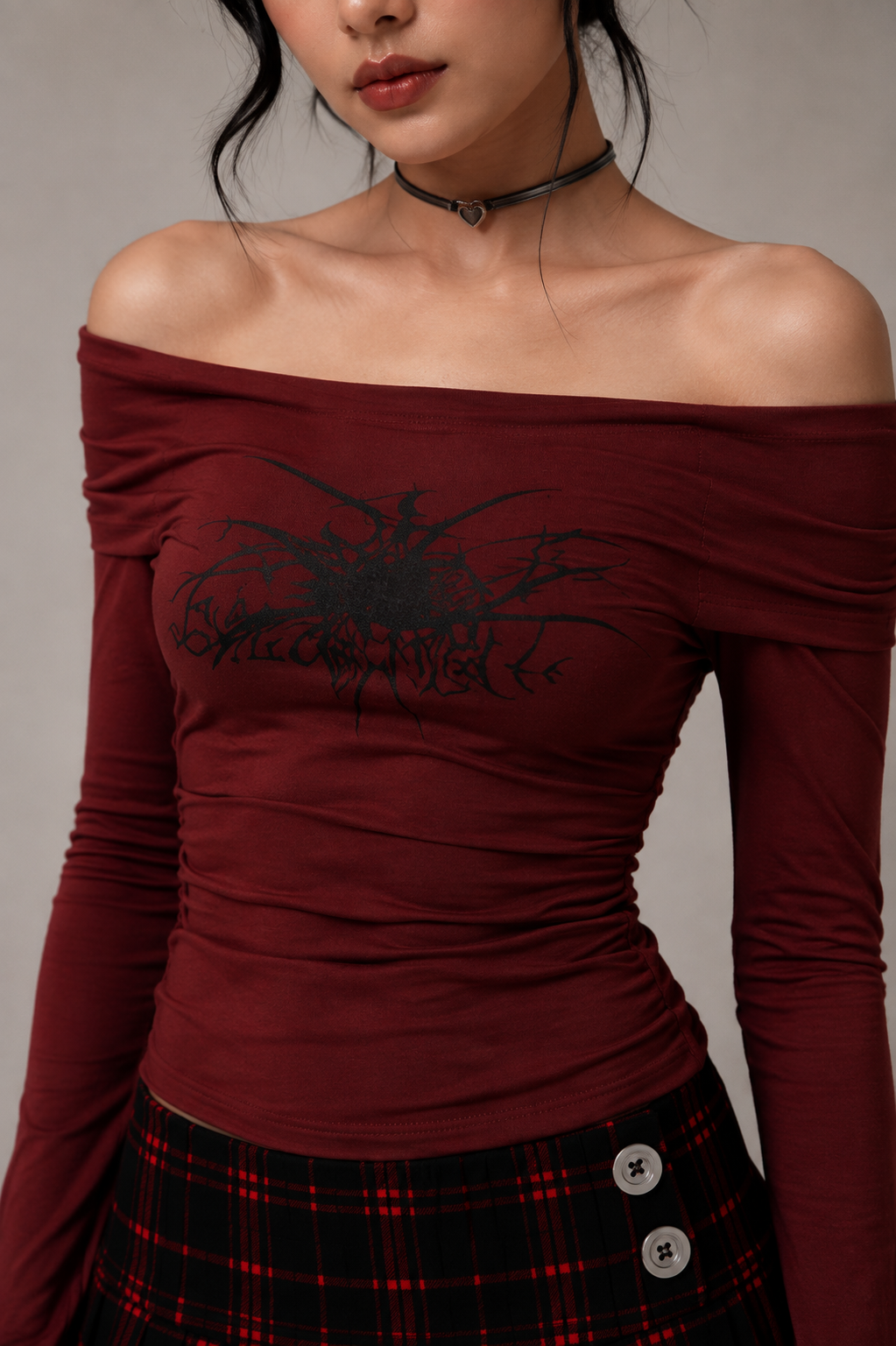 Burgundy Ruched Gothic Graphic Top