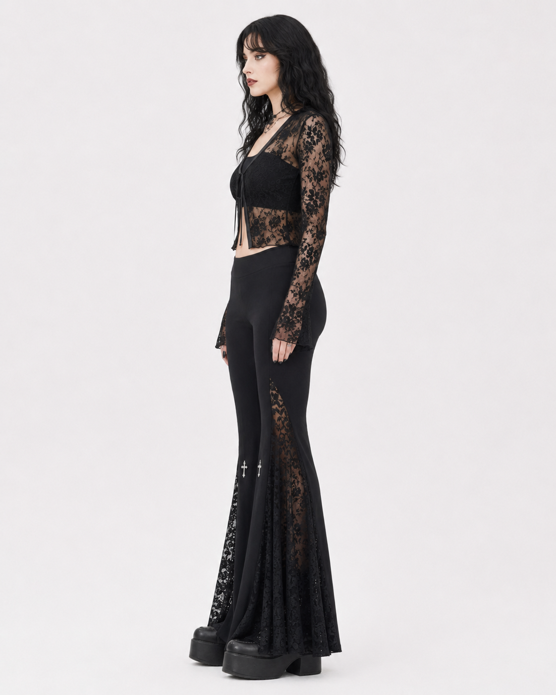 Black Gothic Lace Cross Flare Trouser Pants