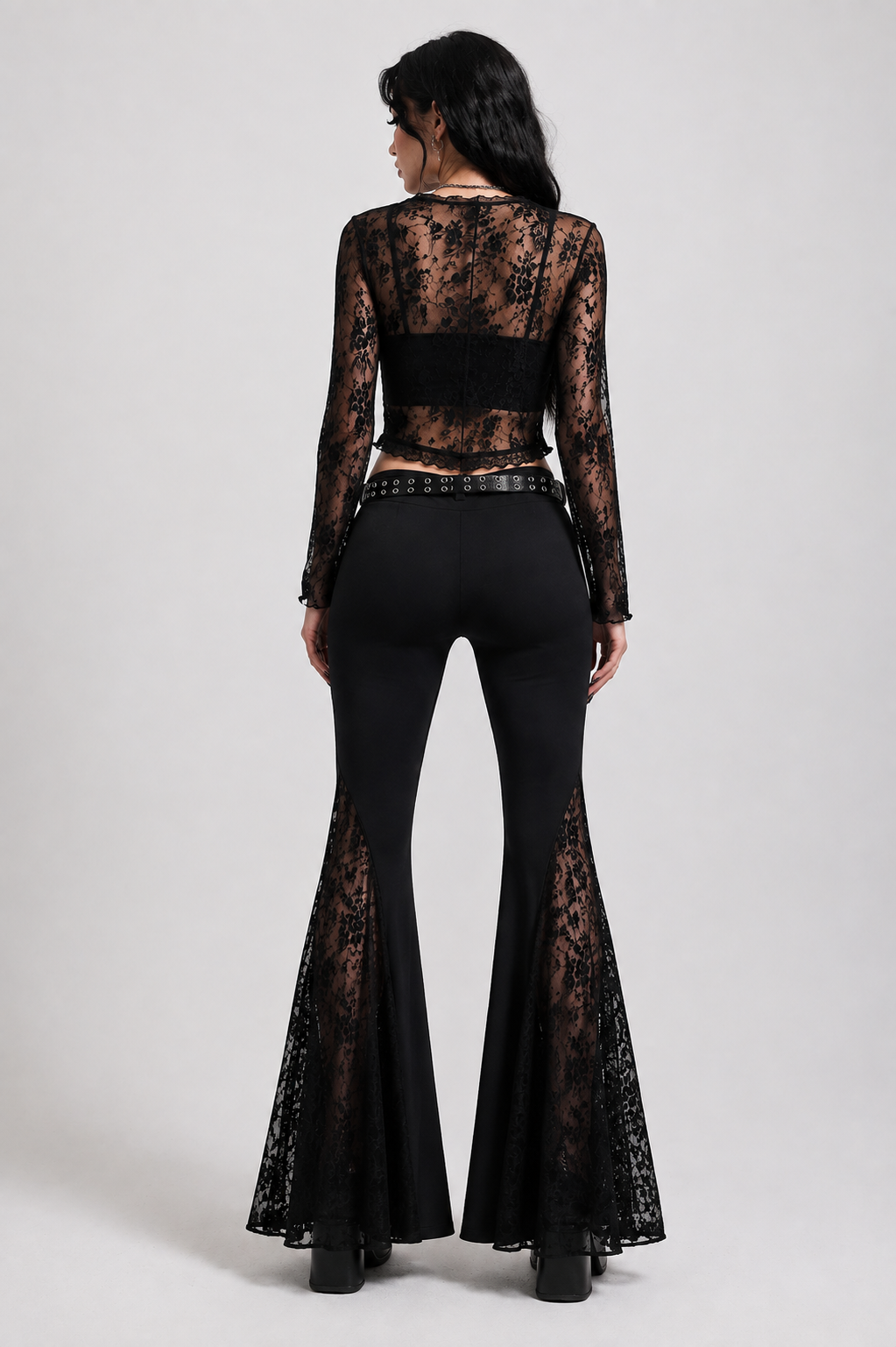 Black Gothic Lace Cross Flare Trouser Pants