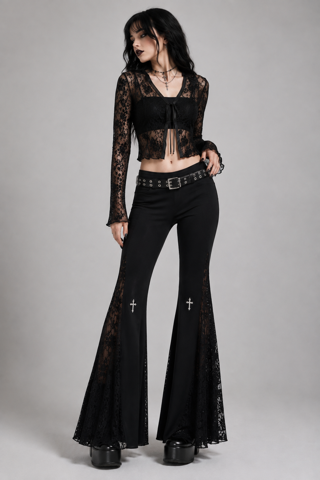 Black Gothic Lace Cross Flare Trouser Pants