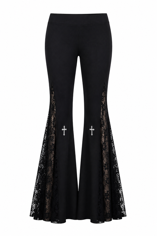 Black Gothic Lace Cross Flare Trouser Pants