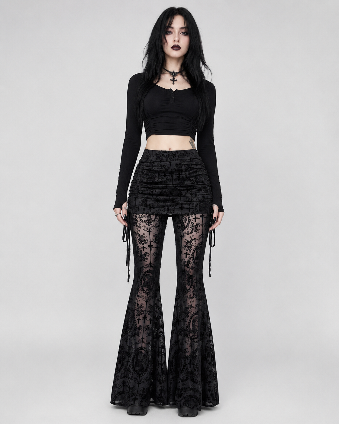 Black Gothic Cross Flocked Mesh Flare Trousers