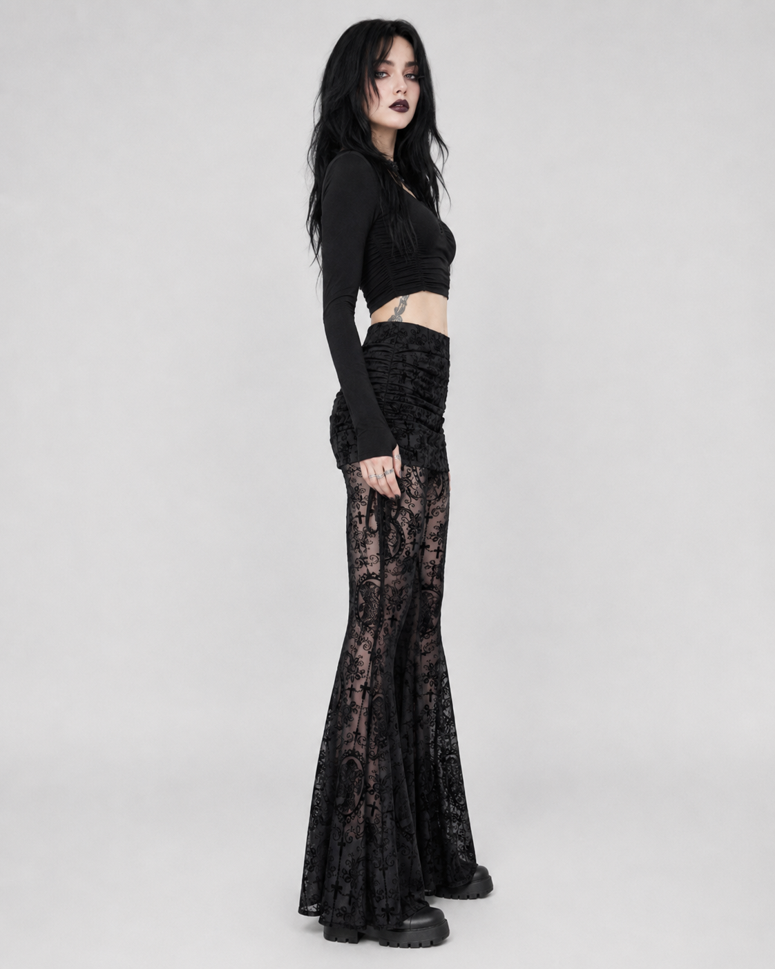 Black Gothic Cross Flocked Mesh Flare Trousers