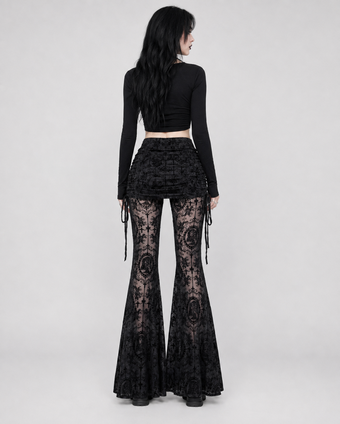 Black Gothic Cross Flocked Mesh Flare Trousers